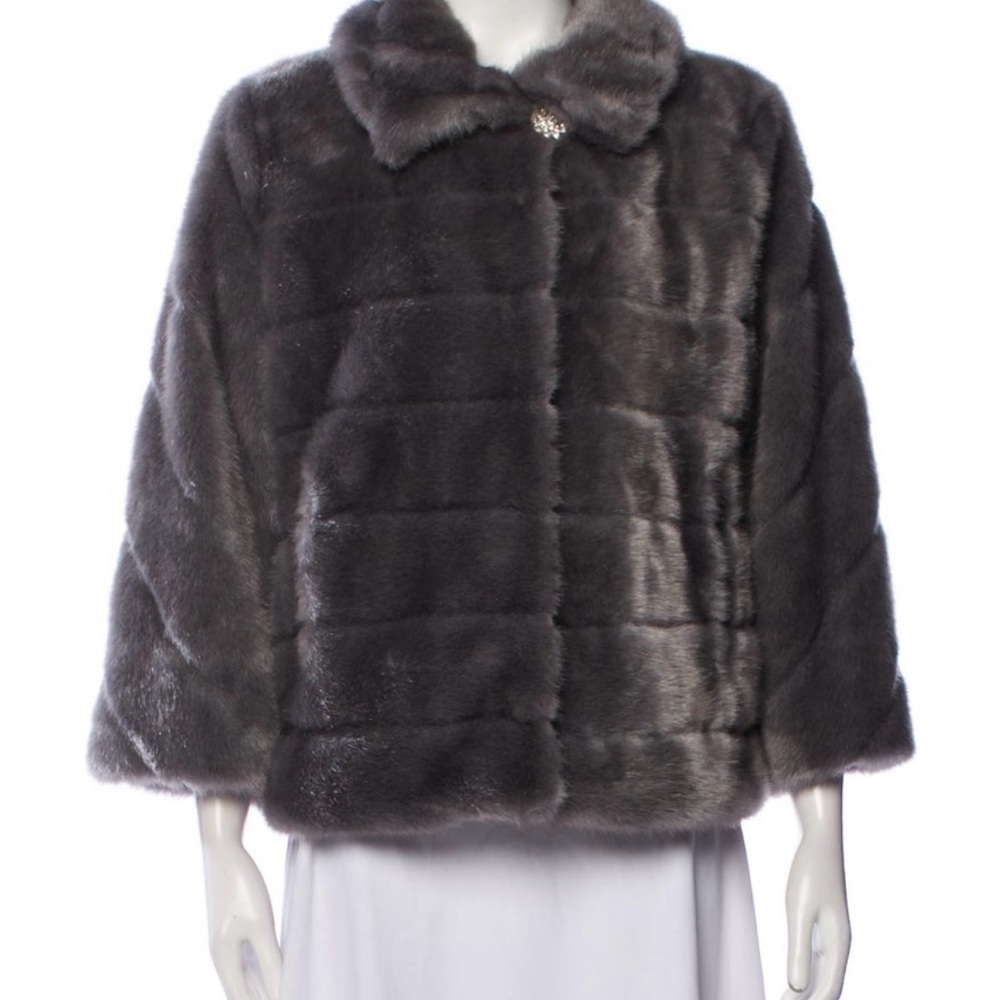 Dennis Basso Elegant Gray Fur Coat with jeweled button closure